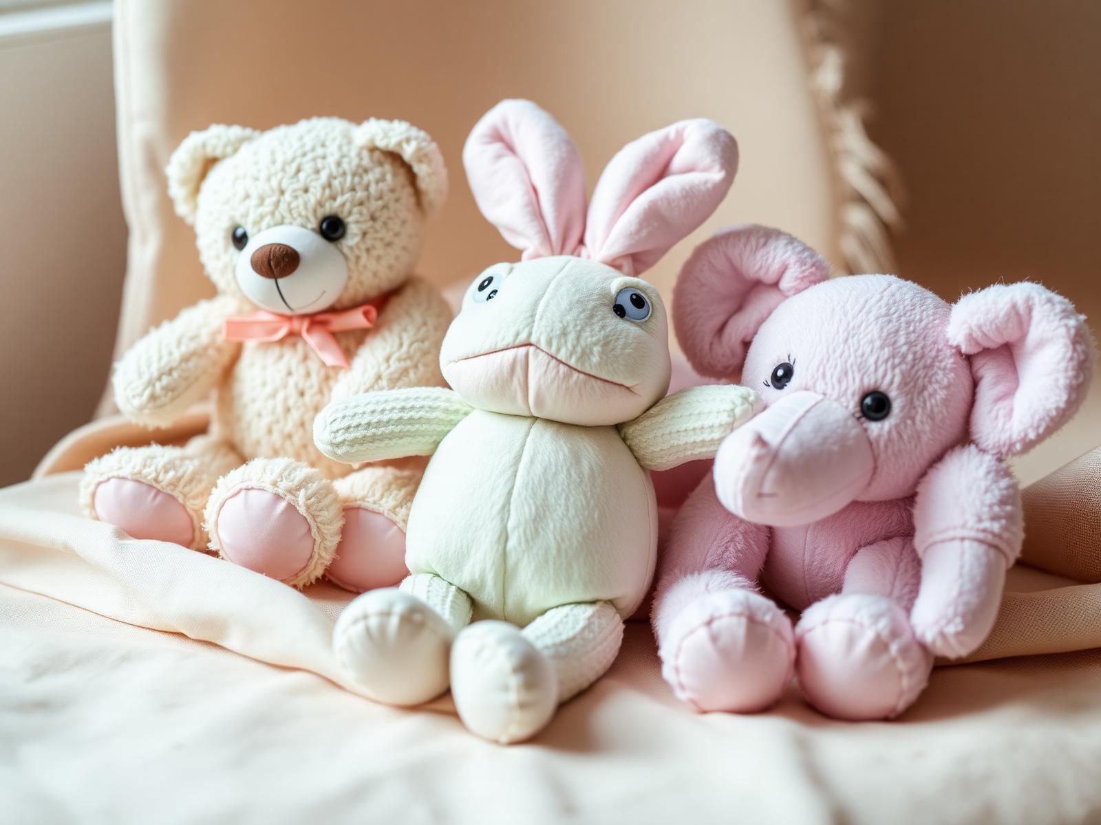 A cream teddy bear, a sage frog, and a pink elephant plushie sitting together